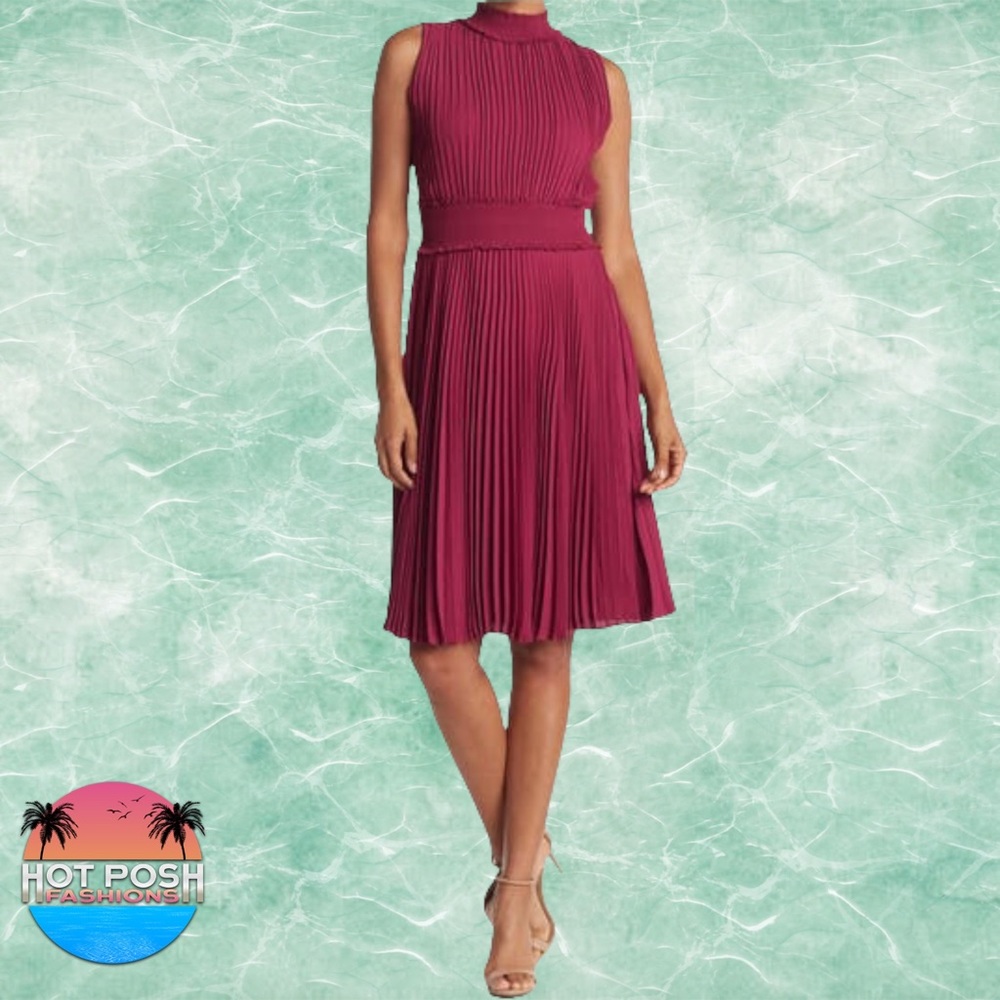 Nanette Lepore Plum Bali Orchid High Neck Pleated Sleeveless Midi Dress size 8
